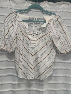 Maeve White Blouse with Navy Stripes and Orange Embroidery